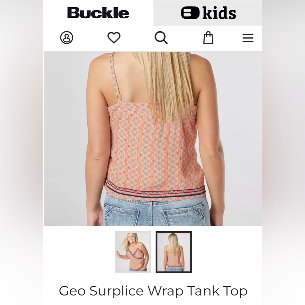 Buckle Miss Me Geo Surplice embroidered wrap peach & navy tank top - Picture 4 of 15